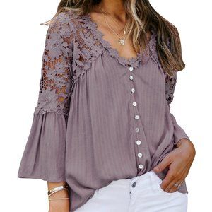 CROCHET LACE BUTTON TOP PURPLE 3/4 SLEEVE